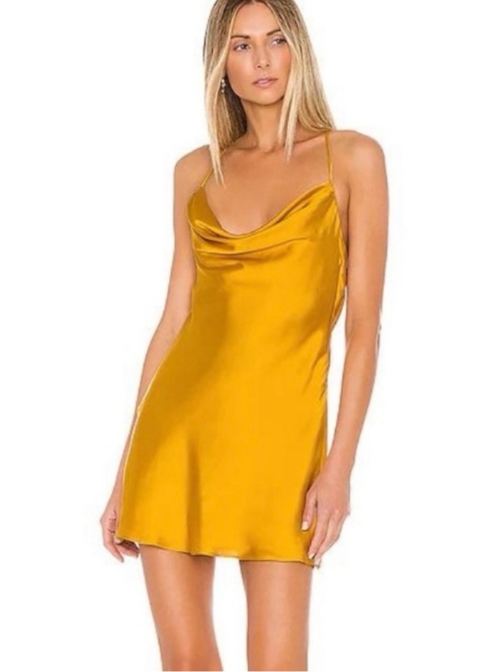 Lovers + Friends Boa Cowl Mini Slip Dress in Gold Sunflower Yellow Satin